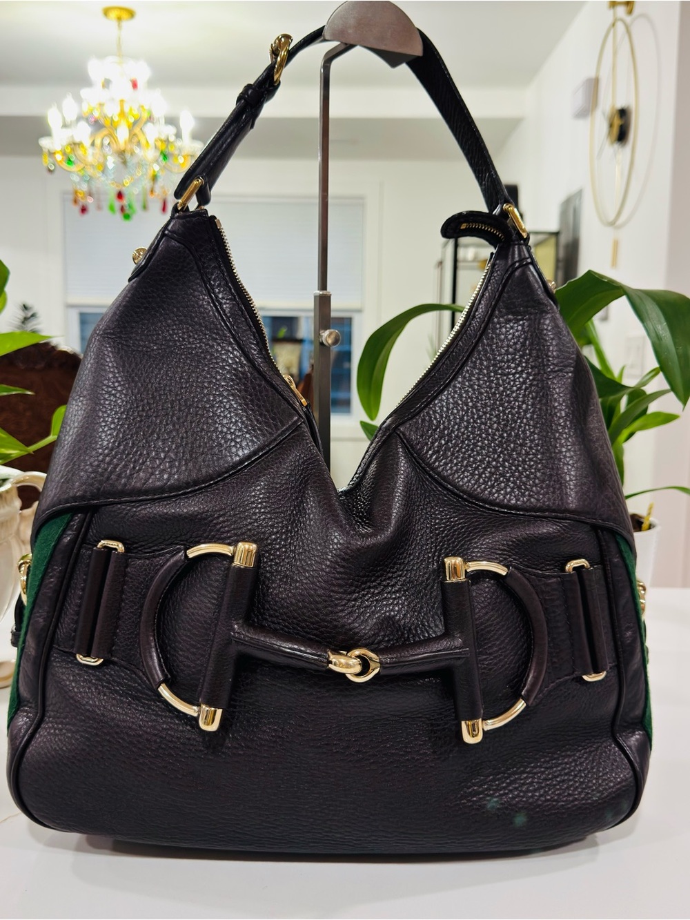 GUCCI Heritage Horsebit Hobo Brown Leather Shoulder Bag with Sherry Line